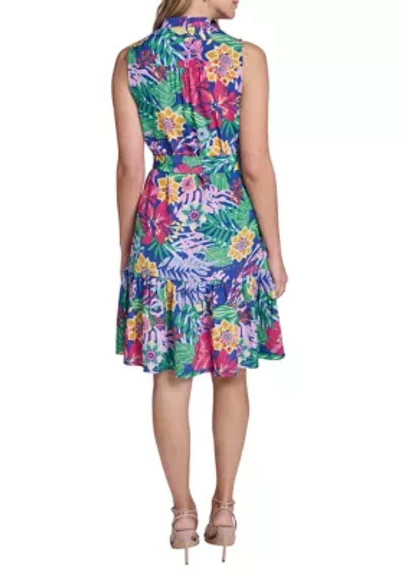 Women's Sleeveless Floral Printed Shirtdress