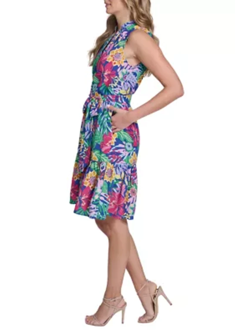 Women's Sleeveless Floral Printed Shirtdress