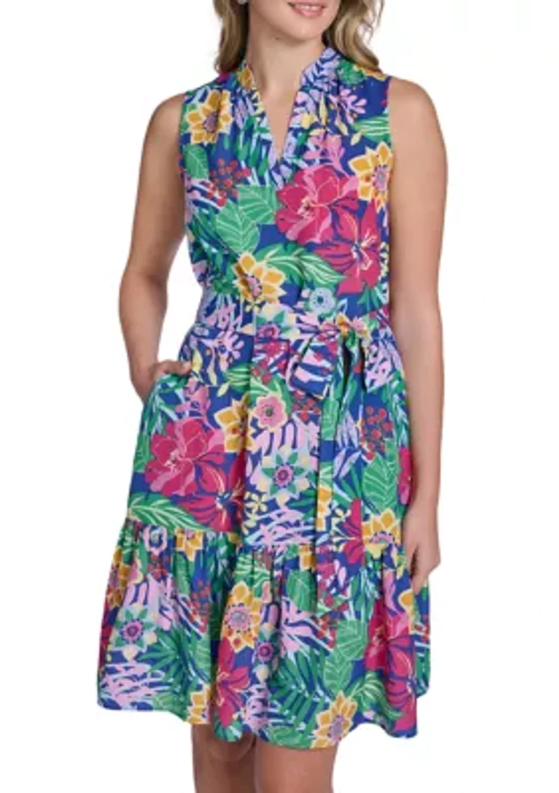 Women's Sleeveless Floral Printed Shirtdress