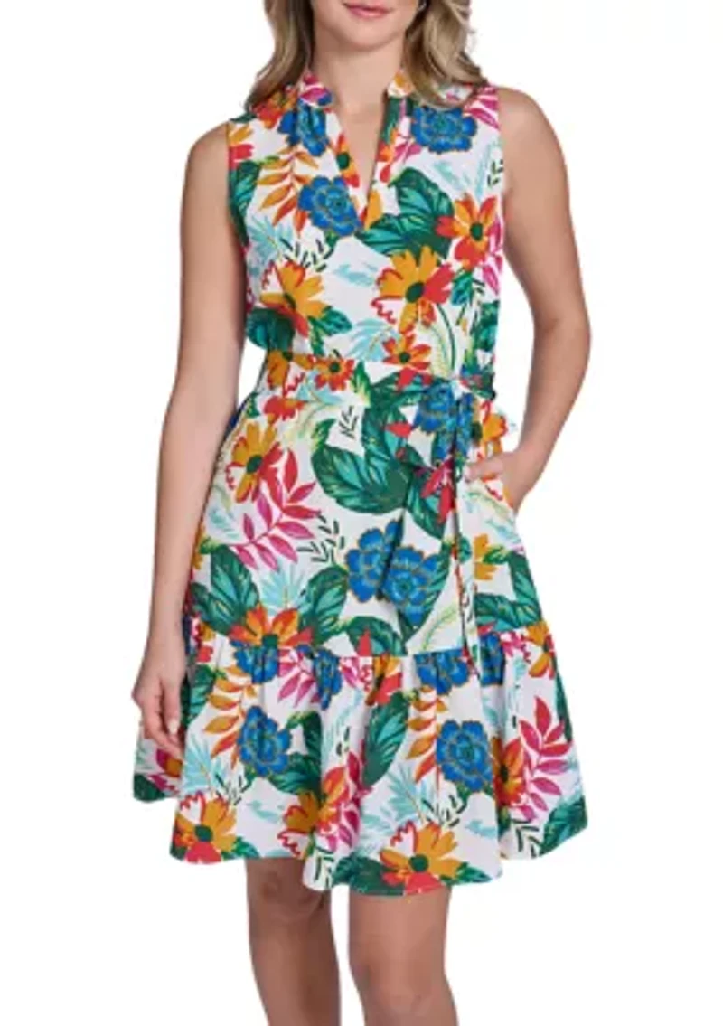 Women's Sleeveless Floral Printed Shirtdress