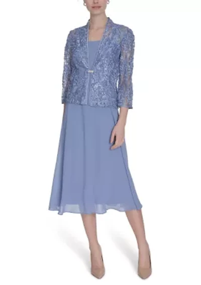 Women's 3/4 Sleeve Floral Embellished Dress and Jacket Set