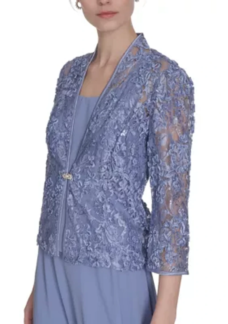 Women's 3/4 Sleeve Floral Embellished Dress and Jacket Set