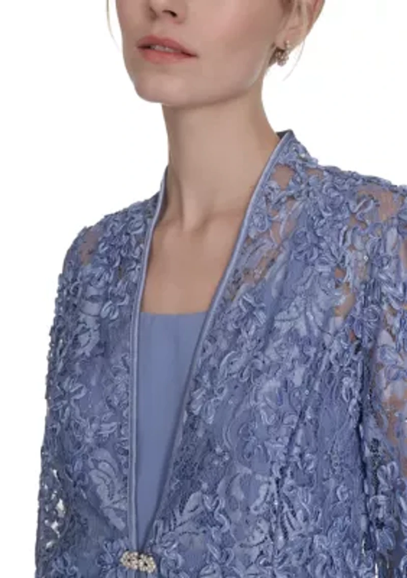 Women's 3/4 Sleeve Floral Embellished Dress and Jacket Set