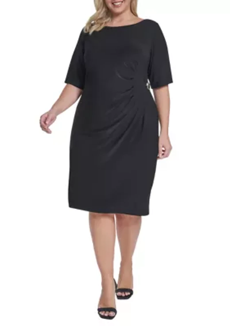 Plus Elbow Sleeve Side Ruch Midi Dress