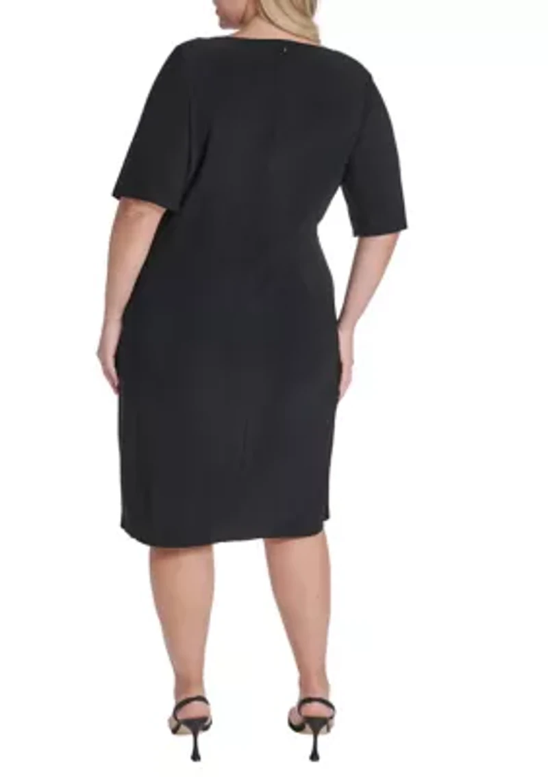 Plus Elbow Sleeve Side Ruch Midi Dress