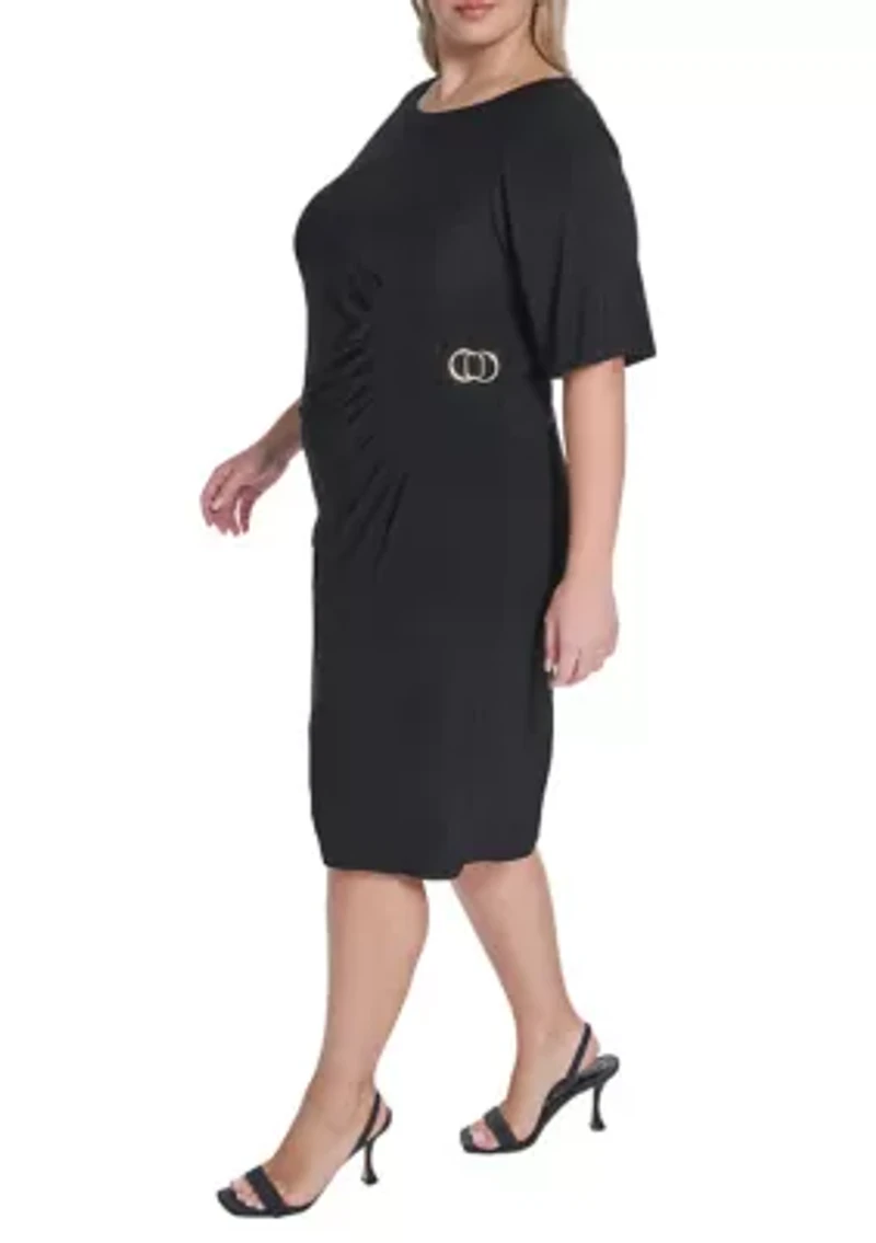 Plus Elbow Sleeve Side Ruch Midi Dress