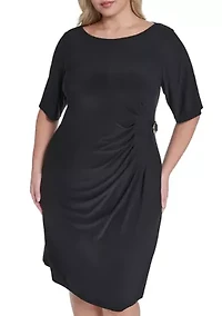 Plus Elbow Sleeve Side Ruch Midi Dress