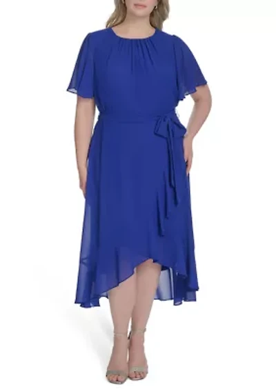 Plus Short Sleeve Flutter Midi Dress
