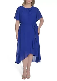 Plus Short Sleeve Flutter Midi Dress