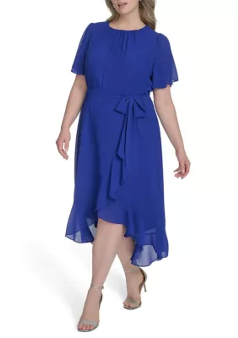 Plus Short Sleeve Flutter Midi Dress