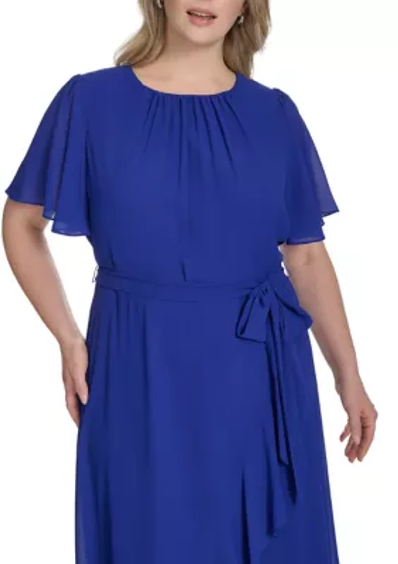 Plus Short Sleeve Flutter Midi Dress