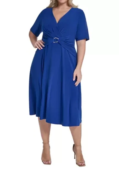 Plus Short Sleeve Tie Front Midi Dress