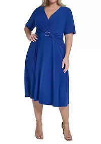 Plus Short Sleeve Tie Front Midi Dress