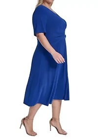 Plus Short Sleeve Tie Front Midi Dress