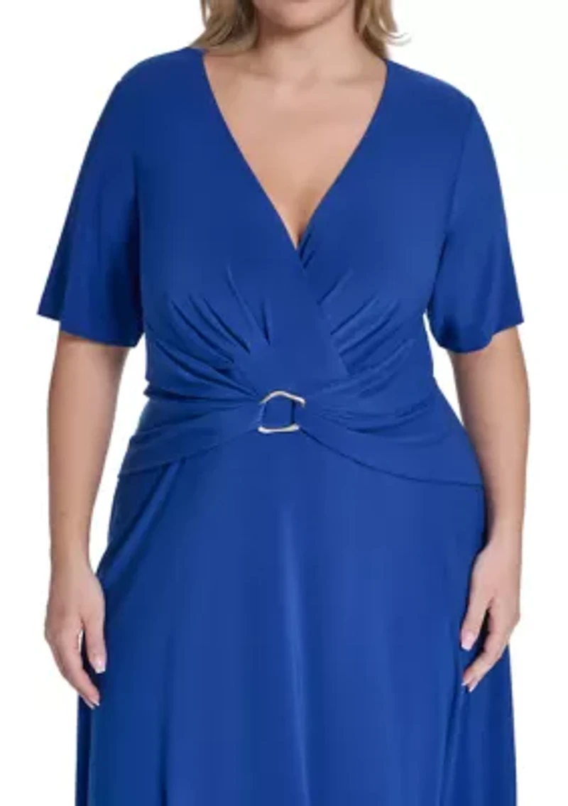 Plus Short Sleeve Tie Front Midi Dress