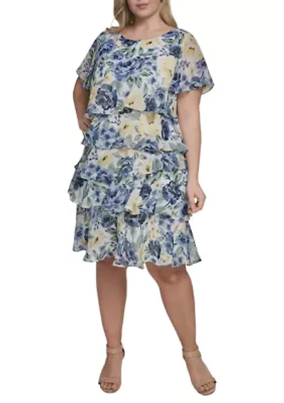 Plus Short Sleeve Scoop Neck Chiffon Dress