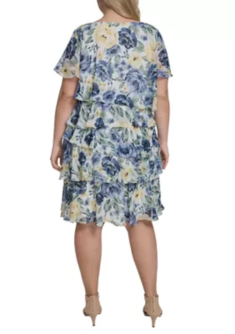 Plus Short Sleeve Scoop Neck Chiffon Dress