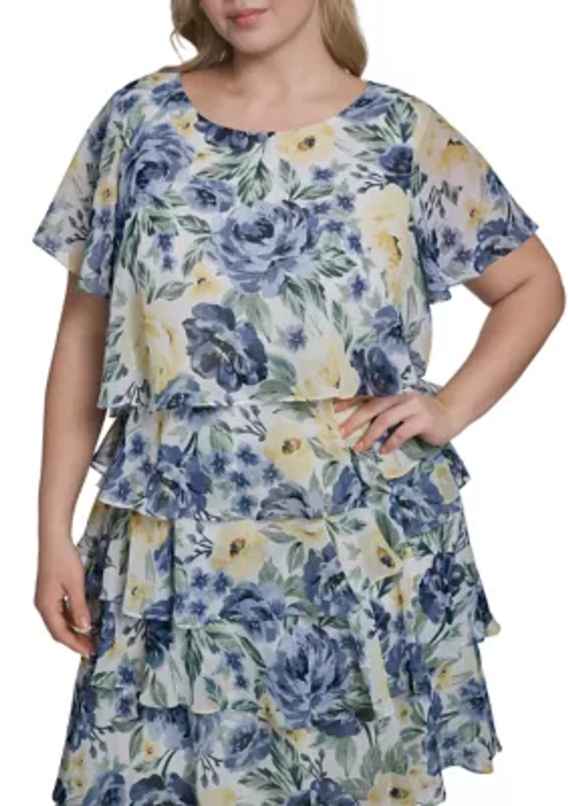 Plus Short Sleeve Scoop Neck Chiffon Dress