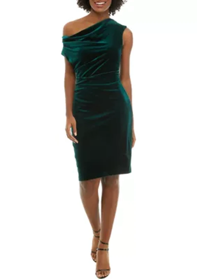 Women's Cap Sleeve Cowl Neck Solid Velvet Sheath Dress
