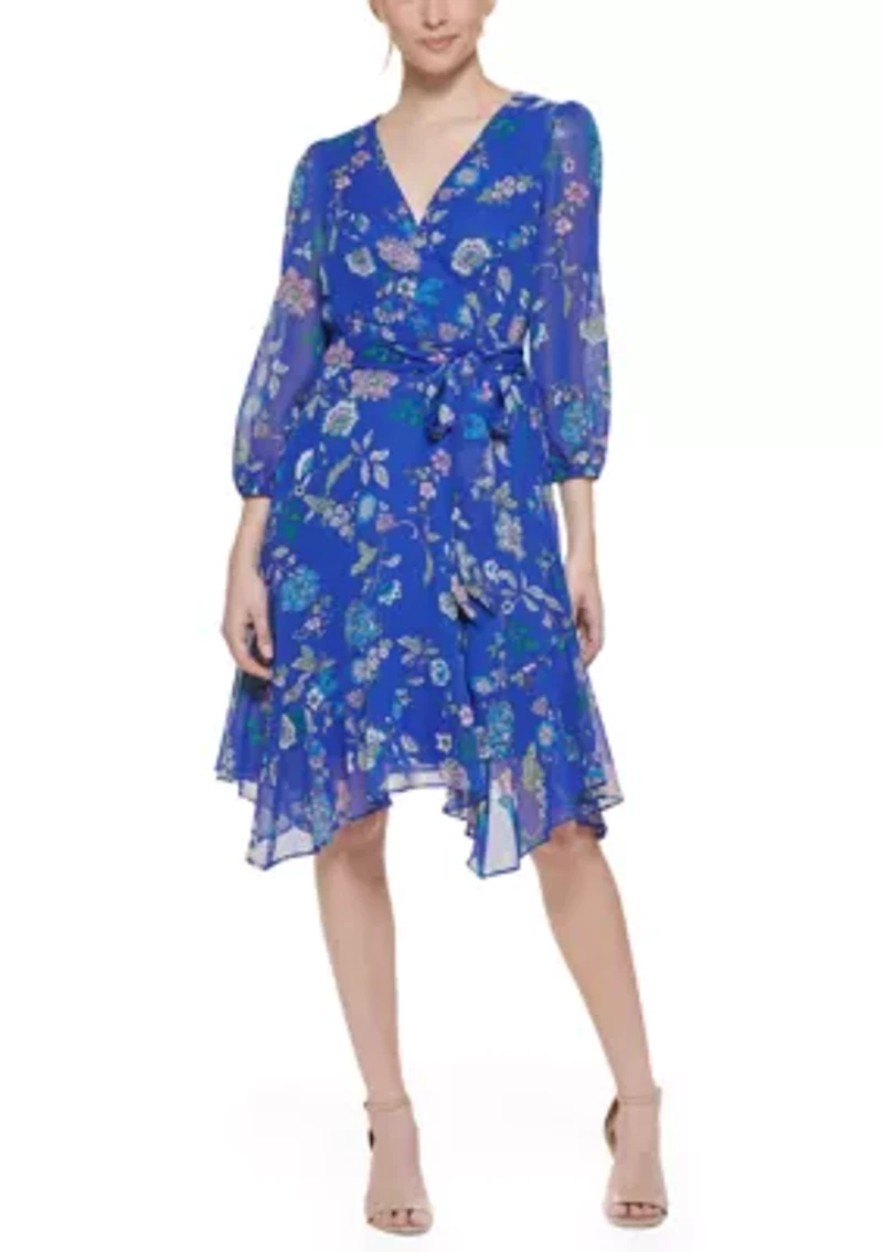 Women's 3/4 Sleeve Printed A-Line Wrap Dress