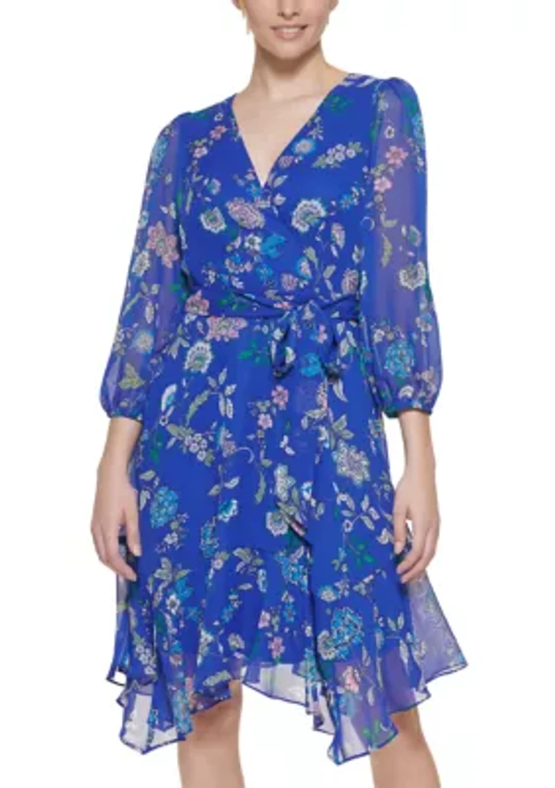 Women's 3/4 Sleeve Printed A-Line Wrap Dress