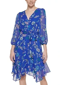 Women's 3/4 Sleeve Printed A-Line Wrap Dress