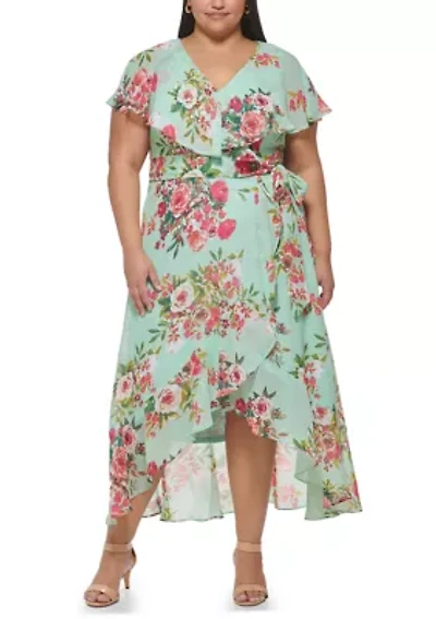 Plus Short Sleeve Printed Chiffon Wrap Dress