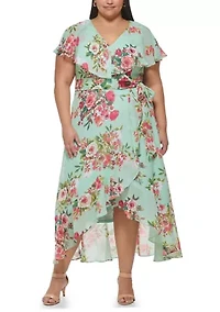 Plus Short Sleeve Printed Chiffon Wrap Dress