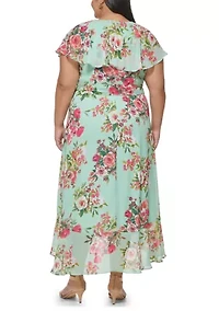 Plus Short Sleeve Printed Chiffon Wrap Dress