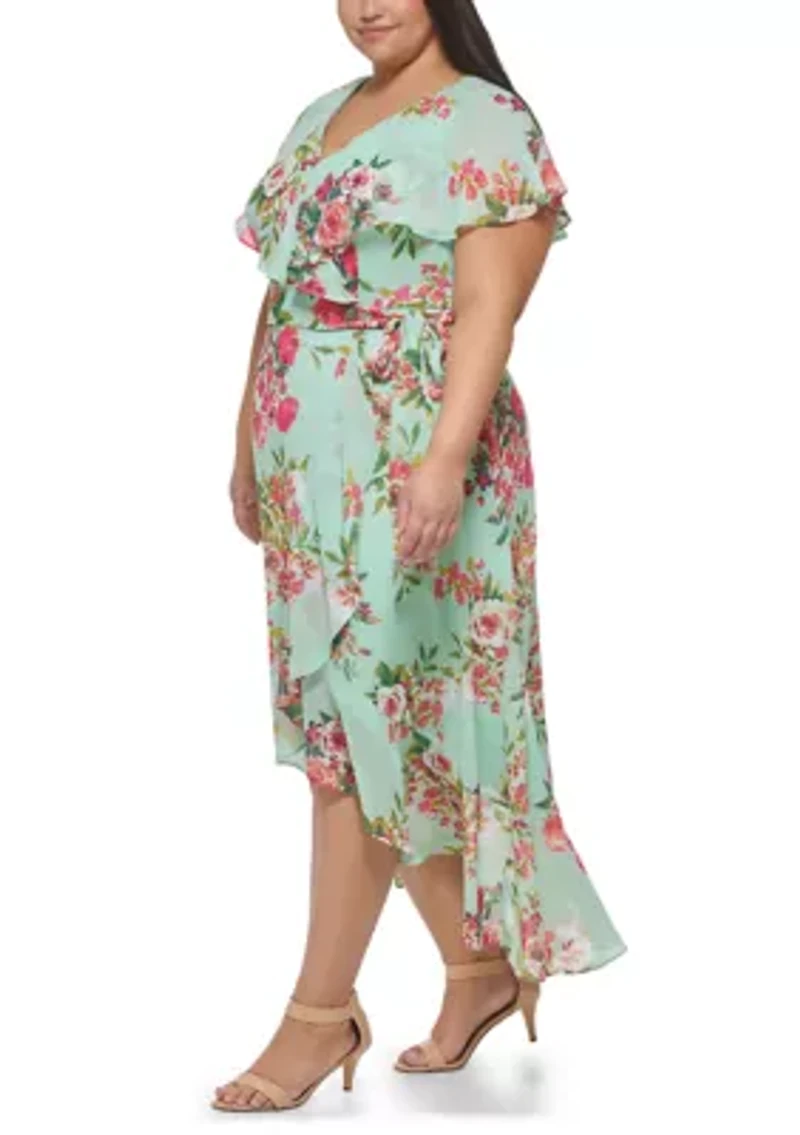 Plus Short Sleeve Printed Chiffon Wrap Dress