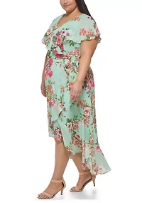 Plus Short Sleeve Printed Chiffon Wrap Dress
