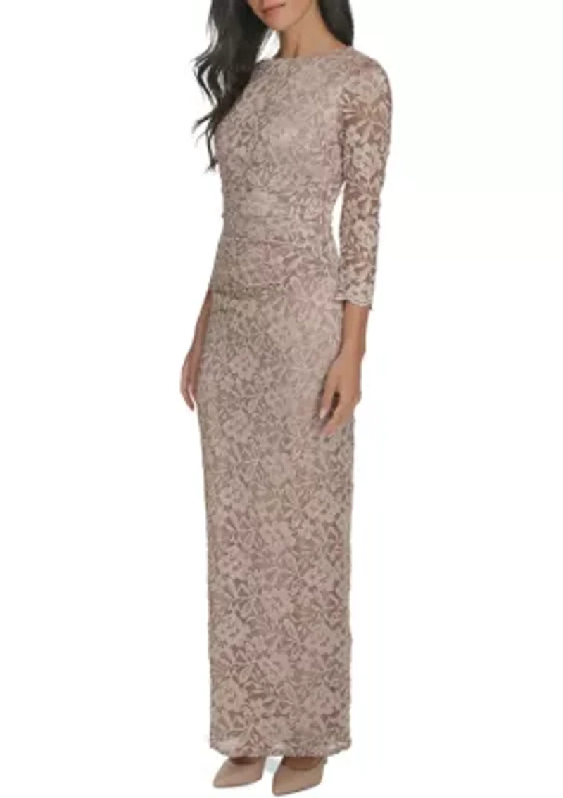 Women's 3/4 Sleeve Crew Neck Floral Print Gown