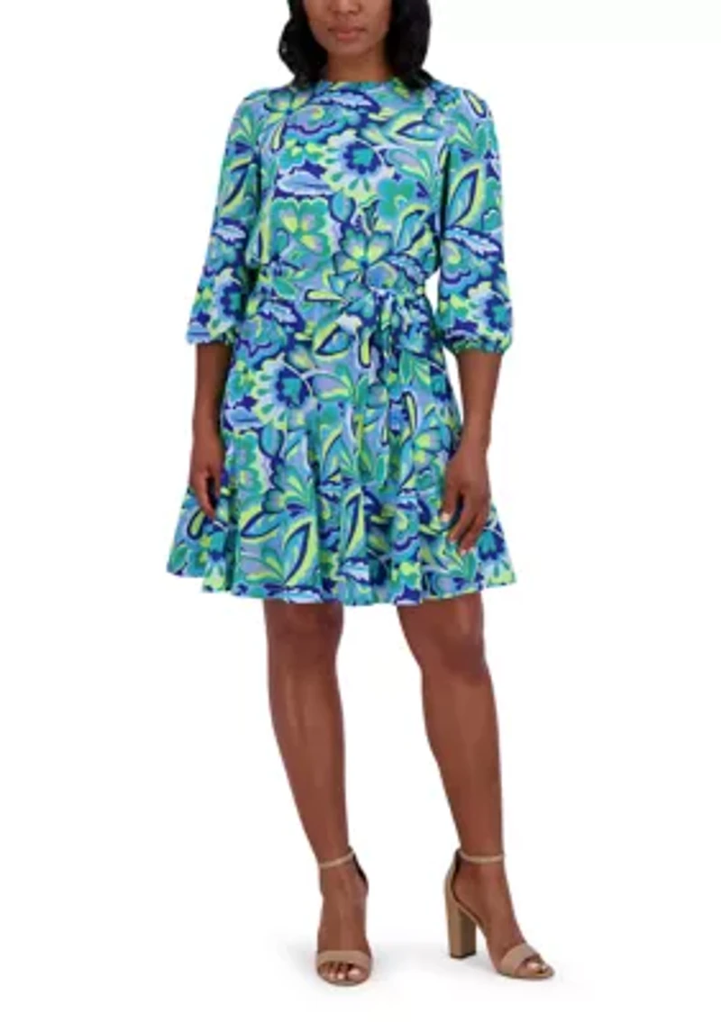Women's 3/4 Sleeve Printed Crepe A-Line Dress