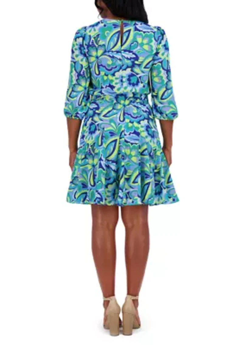 Women's 3/4 Sleeve Printed Crepe A-Line Dress