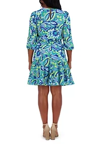Women's 3/4 Sleeve Printed Crepe A-Line Dress