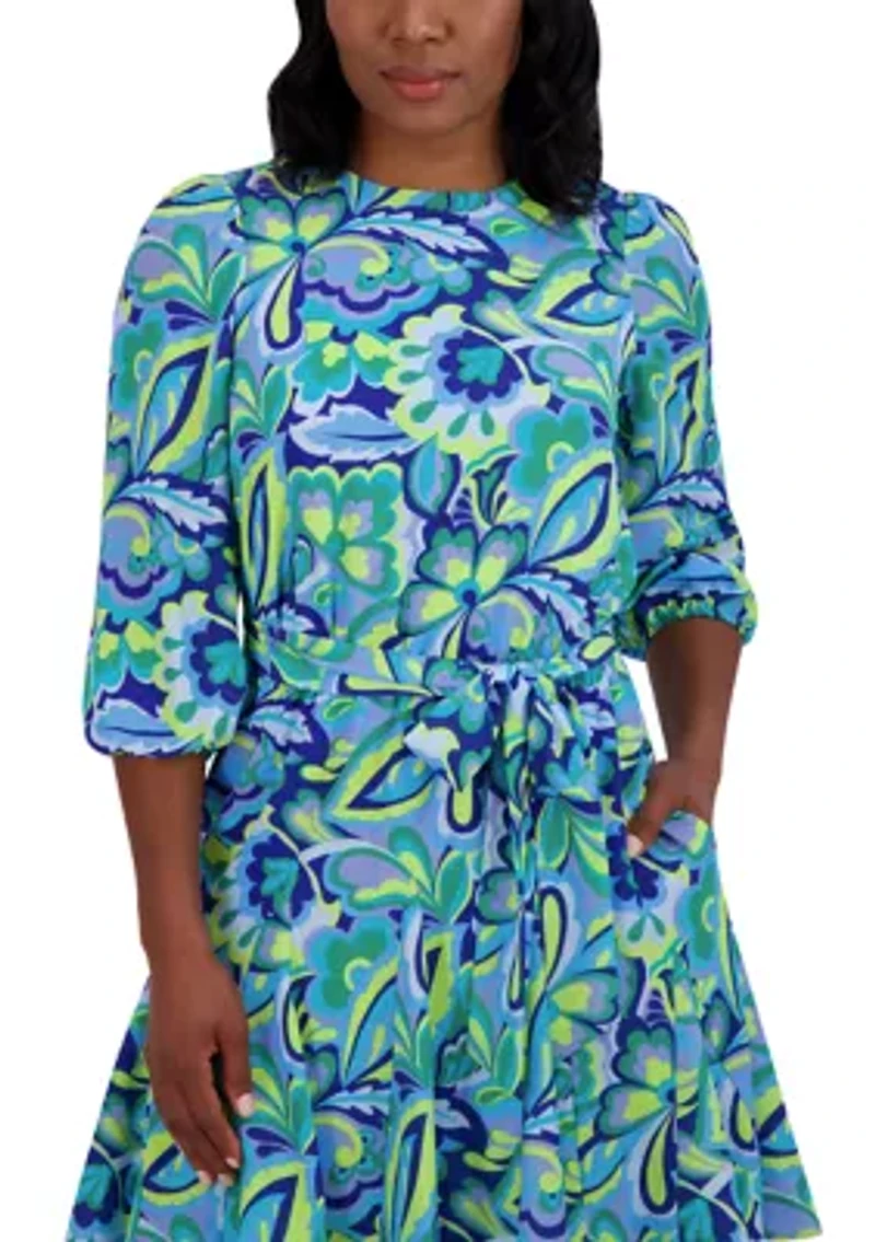 Women's 3/4 Sleeve Printed Crepe A-Line Dress