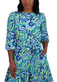 Women's 3/4 Sleeve Printed Crepe A-Line Dress