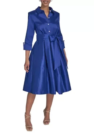 Women's 3/4 Sleeve Collar Neck Tie Waist A-Line Dress