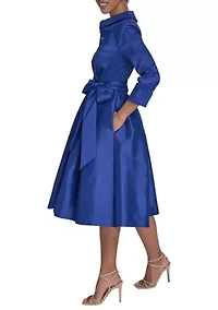 Women's 3/4 Sleeve Collar Neck Tie Waist A-Line Dress