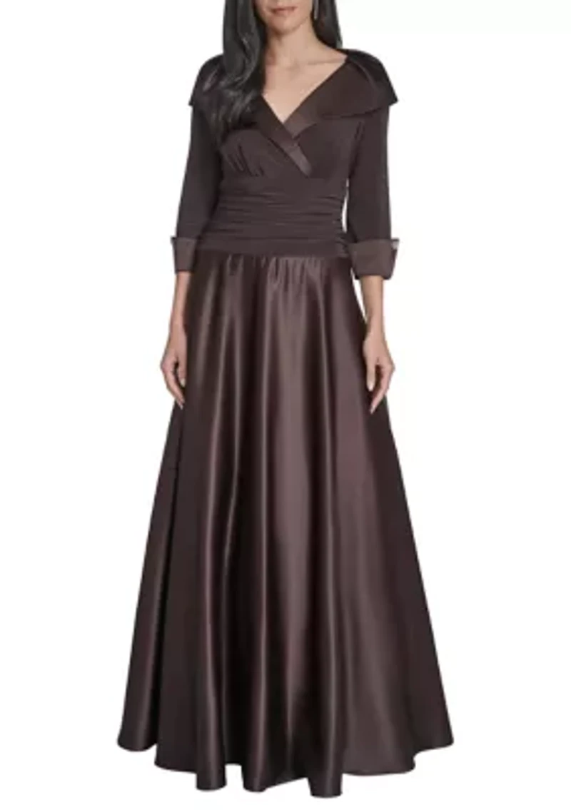Women's 3/4 Sleeve V-Neck Satin A-Line Dress