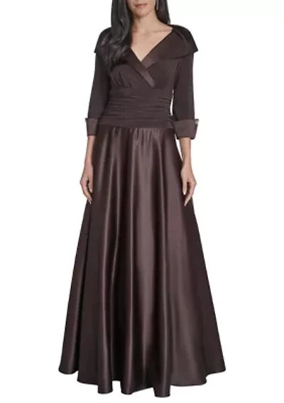 Women's 3/4 Sleeve V-Neck Satin A-Line Dress