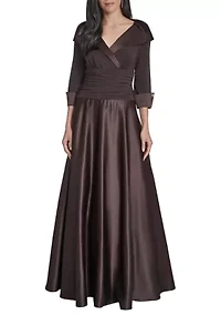 Women's 3/4 Sleeve V-Neck Satin A-Line Dress