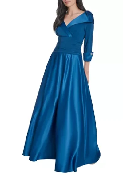 Women's 3/4 Sleeve V-Neck Satin A-Line Dress