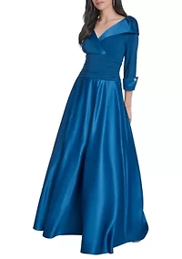 Women's 3/4 Sleeve V-Neck Satin A-Line Dress