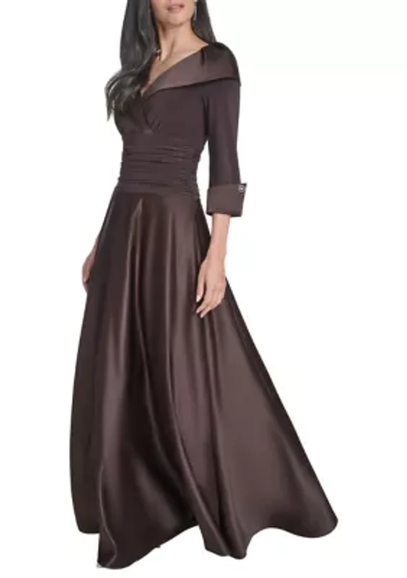 Women's 3/4 Sleeve V-Neck Satin A-Line Dress