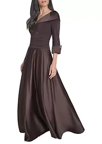 Women's 3/4 Sleeve V-Neck Satin A-Line Dress