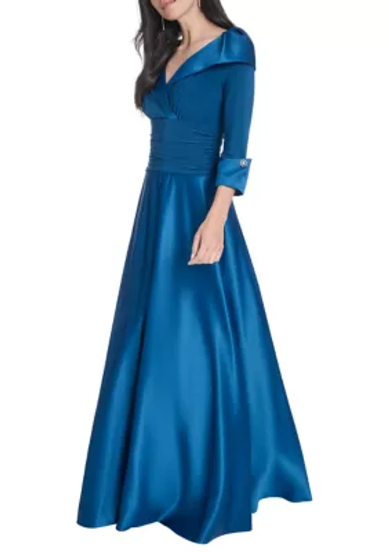 Women's 3/4 Sleeve V-Neck Satin A-Line Dress