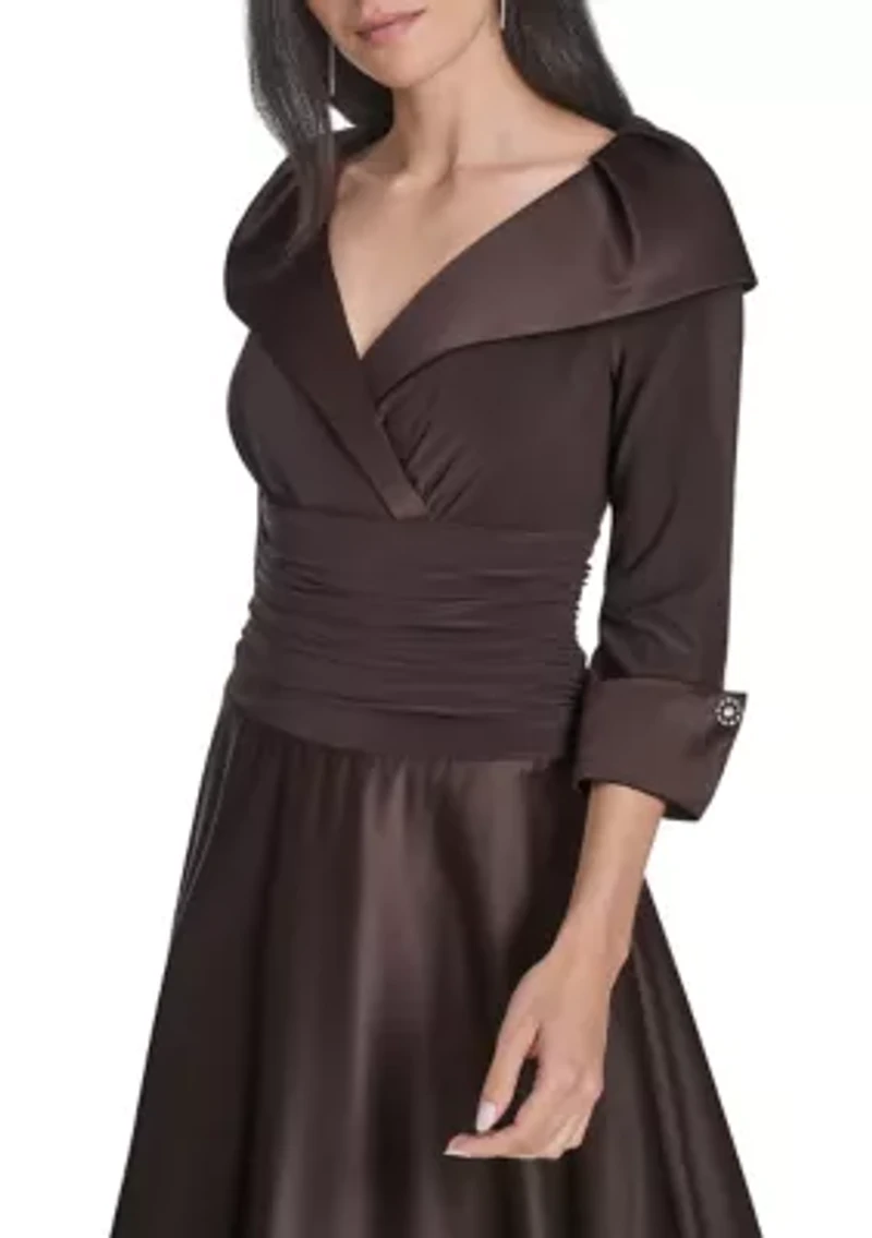 Women's 3/4 Sleeve V-Neck Satin A-Line Dress