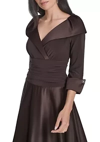 Women's 3/4 Sleeve V-Neck Satin A-Line Dress
