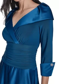 Women's 3/4 Sleeve V-Neck Satin A-Line Dress